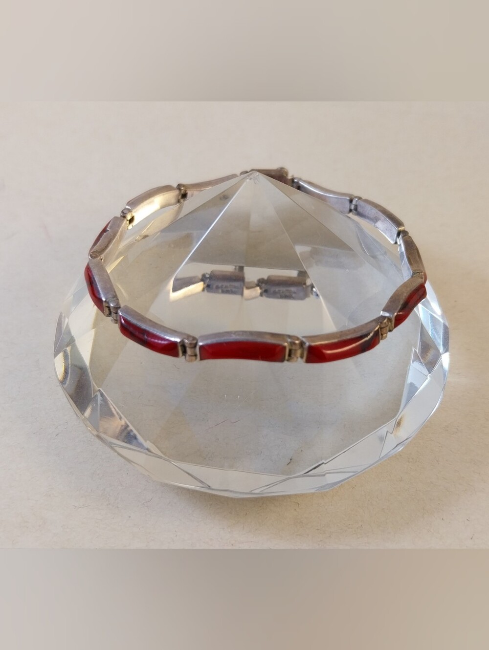 Taxco Sterling Silver Bracelet with Red Inlay